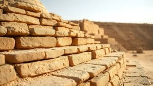 واجهة زقورة أور في بلاد الرافدين تظهر رص الطابوق المنضج ودقة الهندسة الانشائية في توزيع الأوزان وخلق واجهة متدرجة تقاوم الانهيار عبر طبقات الحجر والآجر.