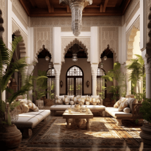 تصميم داخلي لبيت عربي تقليدي يبرز الفناء المركزي والعقود الإسلامية المدببة، مع توظيف عناصر الإضاءة الطبيعية والتشجير الداخلي لتحقيق التوازن البيئي والخصوصية.