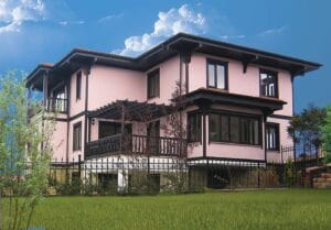 واجهة البيت التركي التقليدي تظهر فيها "الجمبة" الخشبية البارزة فوق قاعدة حجرية، تجسيداً لمبدأ السيادة البصرية والخصوصية