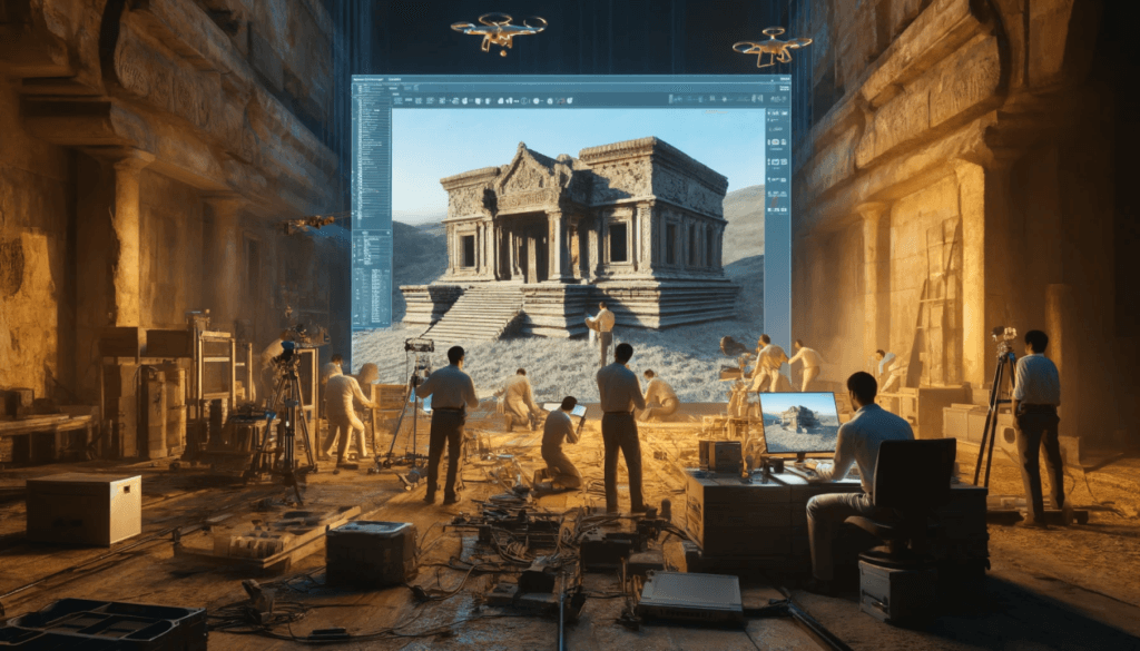 صورة رمزية تدمج بين التراث الرقمي والواقع، تُظهر مهندسين يعملون في موقع تاريخي باستخدام شاشات عرض ذكية لنمذجة المباني وتوثيق ملامح المدينة