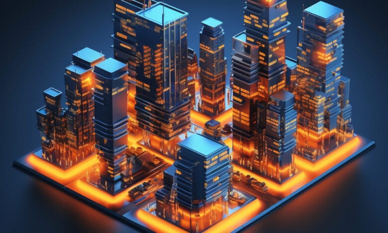 مجسم رقمي ثلاثي الأبعاد يمثل 'المدينة الذكية'، تظهر فيه الكتل المعمارية كخلايا ضوئية مترابطة بشبكة من البيانات الساطعة، مما يجسد مفهوم تحويل النسيج الحضري إلى شيفرة رقمية محصنة عبر تقنية Blockchain لحماية هوية المكان من الزوال.