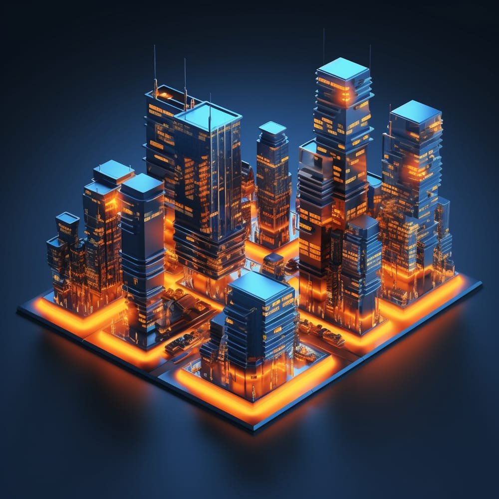مجسم رقمي ثلاثي الأبعاد يمثل 'المدينة الذكية'، تظهر فيه الكتل المعمارية كخلايا ضوئية مترابطة بشبكة من البيانات الساطعة، مما يجسد مفهوم تحويل النسيج الحضري إلى شيفرة رقمية محصنة عبر تقنية Blockchain لحماية هوية المكان من الزوال.