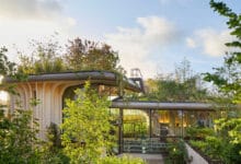 صورة توضح دمج الكتلة المعماريّة / العمارة الحيوية مع الغطاء النباتي لتأمين بيئة استشفائية ونفسية مريحة.