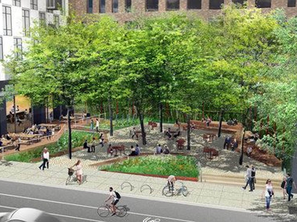 تصميم لساحة حضرية تفاعلية تدمج المسارات الحركية مع مناطق جلوس محمية تحت ظلال كثيفة، توضح دور العمارة في صهر الروابط الاجتماعية الممزقة عبر خلق نقاط التقاء عفوية وآمنة بصرياً.