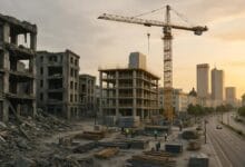 مشهد يجسد تحديات إعادة الإعمار في المناطق المنكوبة، حيث تظهر رافعة إنشائية وسط أنقاض المباني المدمرة، في تعبير بصري عن الصراع بين محو الذاكرة الحضرية ومحاولات استرداد السيادة المعمارية.