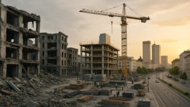 مشهد يجسد تحديات إعادة الإعمار في المناطق المنكوبة، حيث تظهر رافعة إنشائية وسط أنقاض المباني المدمرة، في تعبير بصري عن الصراع بين محو الذاكرة الحضرية ومحاولات استرداد السيادة المعمارية.