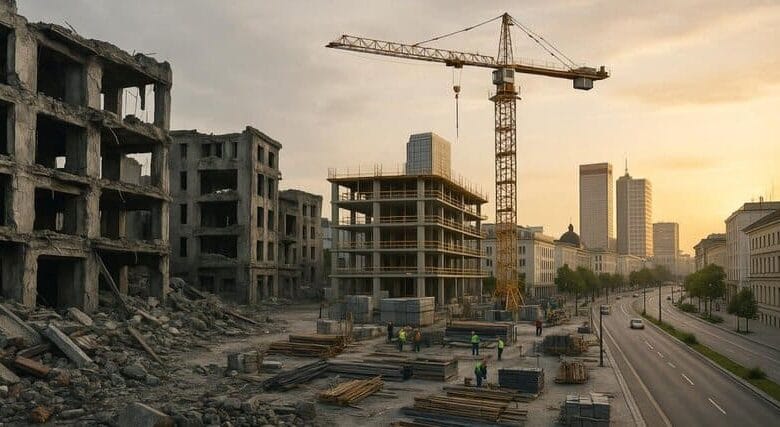 مشهد يجسد تحديات إعادة الإعمار في المناطق المنكوبة، حيث تظهر رافعة إنشائية وسط أنقاض المباني المدمرة، في تعبير بصري عن الصراع بين محو الذاكرة الحضرية ومحاولات استرداد السيادة المعمارية.