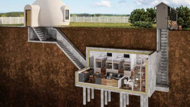 مقطع عرضي يوضح نموذجاً من نماذج التخطيط الحضري في الحروب، حيث يظهر انتقال السكن من "قبة" سطحية مكشوفة إلى وحدة معيشة محصنة في باطن الأرض (مخبأ) مزودة بأنظمة حياة كاملة ومستقلة كاستجابة هندسية للهجمات.