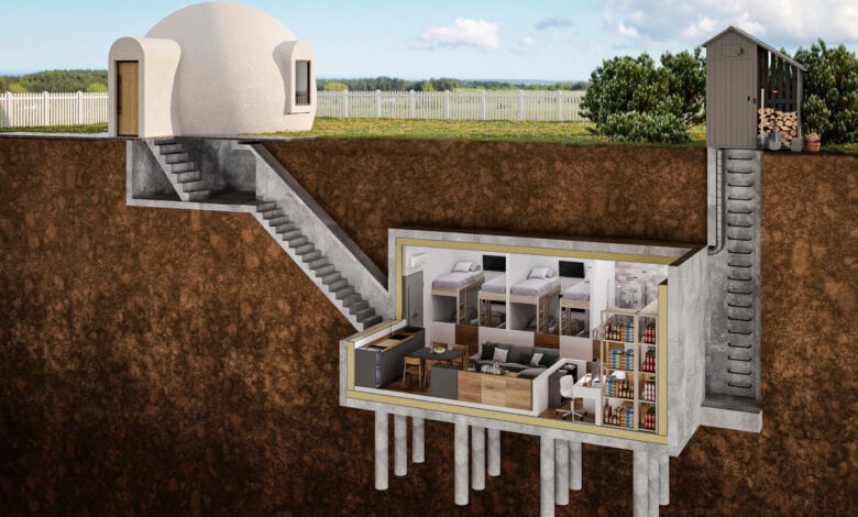 مقطع عرضي يوضح نموذجاً من نماذج التخطيط الحضري في الحروب، حيث يظهر انتقال السكن من "قبة" سطحية مكشوفة إلى وحدة معيشة محصنة في باطن الأرض (مخبأ) مزودة بأنظمة حياة كاملة ومستقلة كاستجابة هندسية للهجمات.