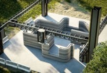 منظور علوي يوضح فوهة طابعة خرسانية أثناء تشييد جدران طبقية منحنية لمبنى سكني باستخدام تقنية الطباعة 3D، مما يبرز الدقة الهندسية والسرعة في تنفيذ الهياكل الإنشائية المعقدة.