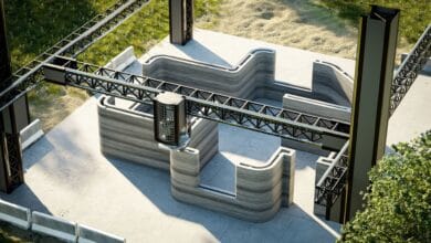 منظور علوي يوضح فوهة طابعة خرسانية أثناء تشييد جدران طبقية منحنية لمبنى سكني باستخدام تقنية الطباعة 3D، مما يبرز الدقة الهندسية والسرعة في تنفيذ الهياكل الإنشائية المعقدة.