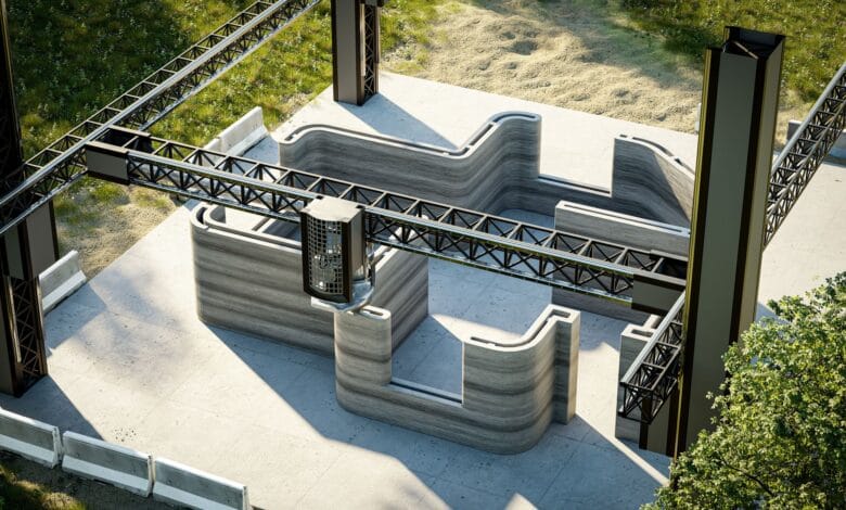 منظور علوي يوضح فوهة طابعة خرسانية أثناء تشييد جدران طبقية منحنية لمبنى سكني باستخدام تقنية الطباعة 3D، مما يبرز الدقة الهندسية والسرعة في تنفيذ الهياكل الإنشائية المعقدة.