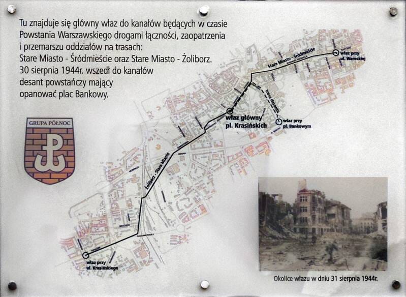 مخطط هندسي تاريخي يوضح شبكة الأنفاق والخنادق تحت التخطيط الشبكي لمدينة وارسو خلال فترة الحرب