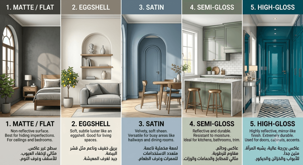 مخطط توضيحي يقارن مستويات لمعان الدهانات الخمسة من المطفي إلى اللامع الكامل مع فراغات داخلية.