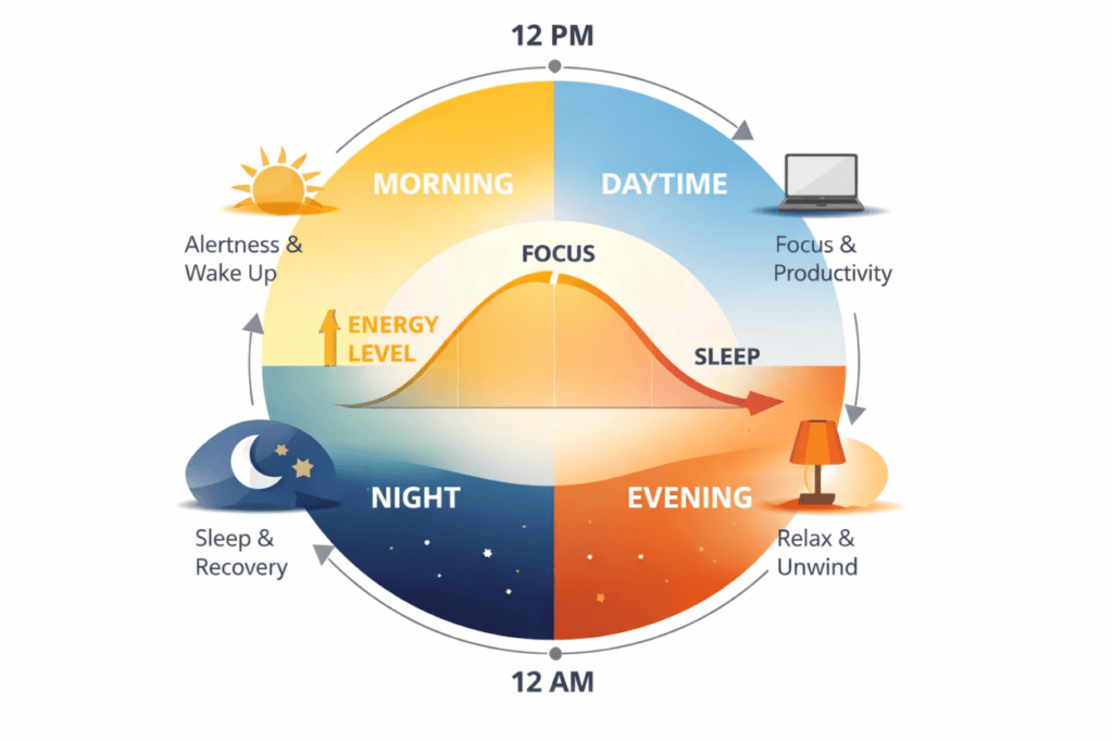 توضيح دورة الساعة البيولوجية (Circadian Rhythm) على مدار 24 ساعة، ويبين تذبذب منحنى طاقة الإنسان والوظائف الحيوية (التركيز، الاسترخاء، والترميم) استجابةً لتغير الأطوال الموجية وحرارة الضوء المحيط بين النهار والليل