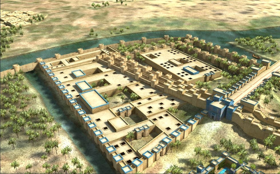 مجسم تخيلي علوي لمدينة بابل الأثرية يظهر الأسوار المزدوجة الضخمة، وبوابة عشتار باللون الأزرق النيلي، وشارع الموكب المحاذي لنهر الفرات