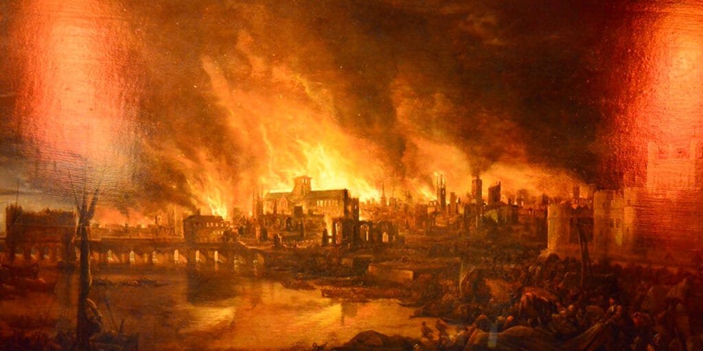 لوحة زيتية تاريخية تجسد حريق لندن الكبير عام 1666 وانتشار النيران في المباني الخشبية على جانب النهر