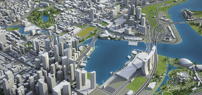 نموذج رقمي ثلاثي الأبعاد ثلاثي الأبعاد لمشروع سنغافورة الافتراضية (Virtual Singapore)؛ يجسد دمج المباني، والبنية التحتية، والمساحات الخضراء بالبيانات الحية لتحليل حركة الطاقة، والتنبؤ بالمسارات الحضرية، وإدارة المدينة بكفاءة عالية