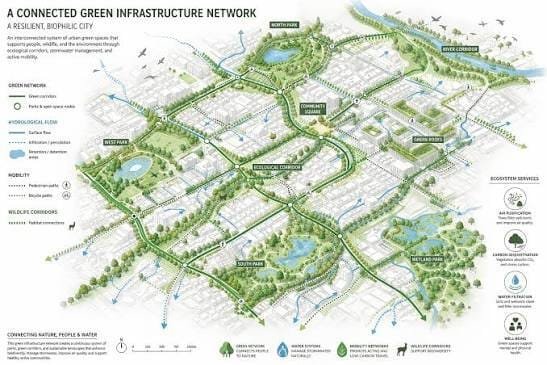 تعمل الممرات البيئية (Ecological Corridors) كشرايين خضراء تتخلل الأحياء، لتسمح بحركة التنوع الحيوي وتوفر مسارات آمنة ومستدامة للمشاة والدراجات عبر المدينة.