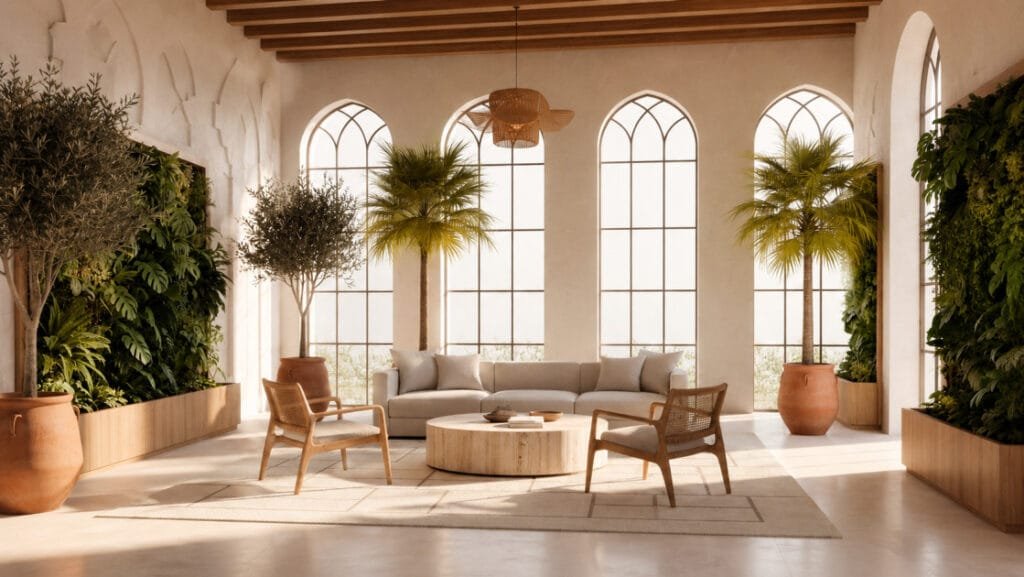 تصميم داخلي معاصر لفراغ معماري مرن يتميز بالإضاءة الطبيعية والتهوية الجيدة والنباتات الخضراء