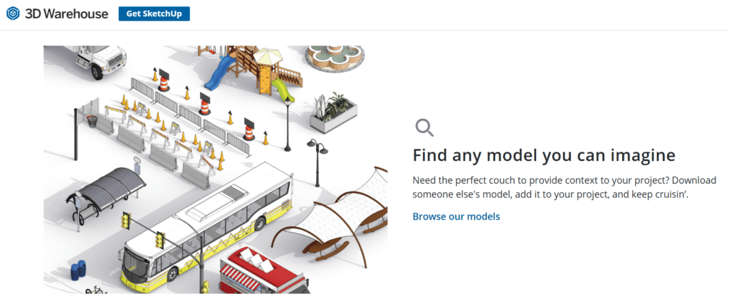 واجهة موقع 3D Warehouse الرسمي لاستعراض وتحميل مشاريع Sketch Up
