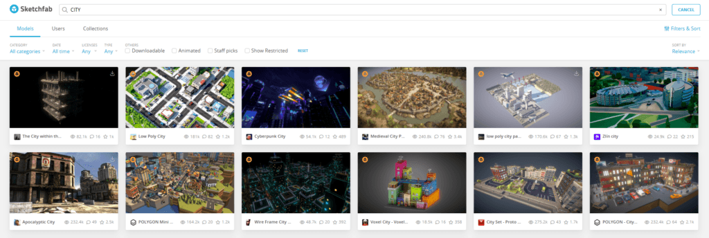 واجهة منصة Sketchfab أثناء البحث عن مشاريع ونماذج ثلاثية الأبعاد للمدن والمباني المعمارية.
